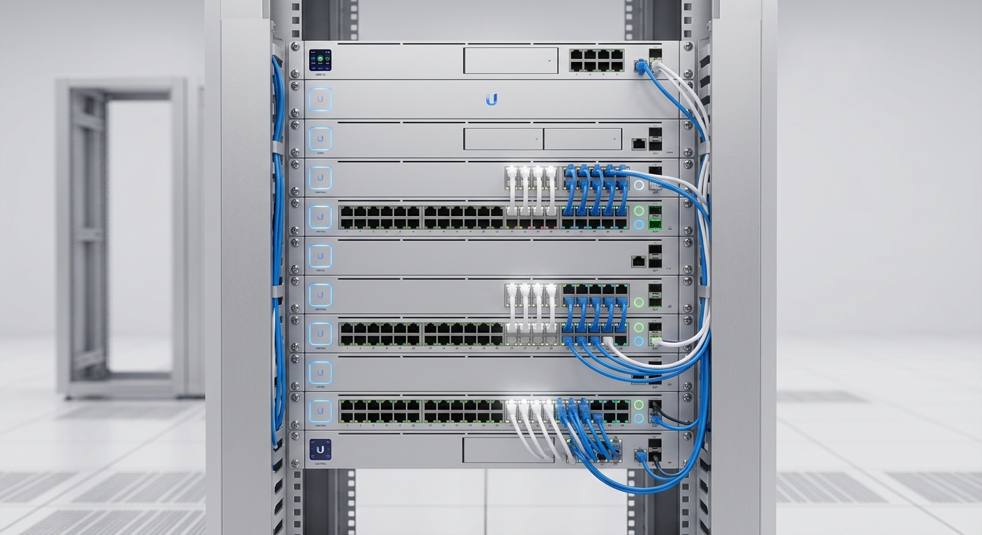 Illustration of a Ubiquiti network rack with silver equipment and organized blue and white cables